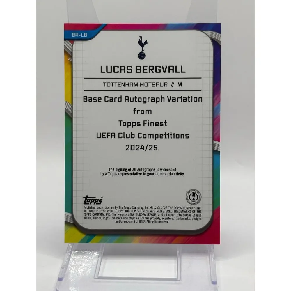 2024-25 Topps Finest UEFA Lucas Bergvall Rookie Purple Refractor Auto 147/299 RC